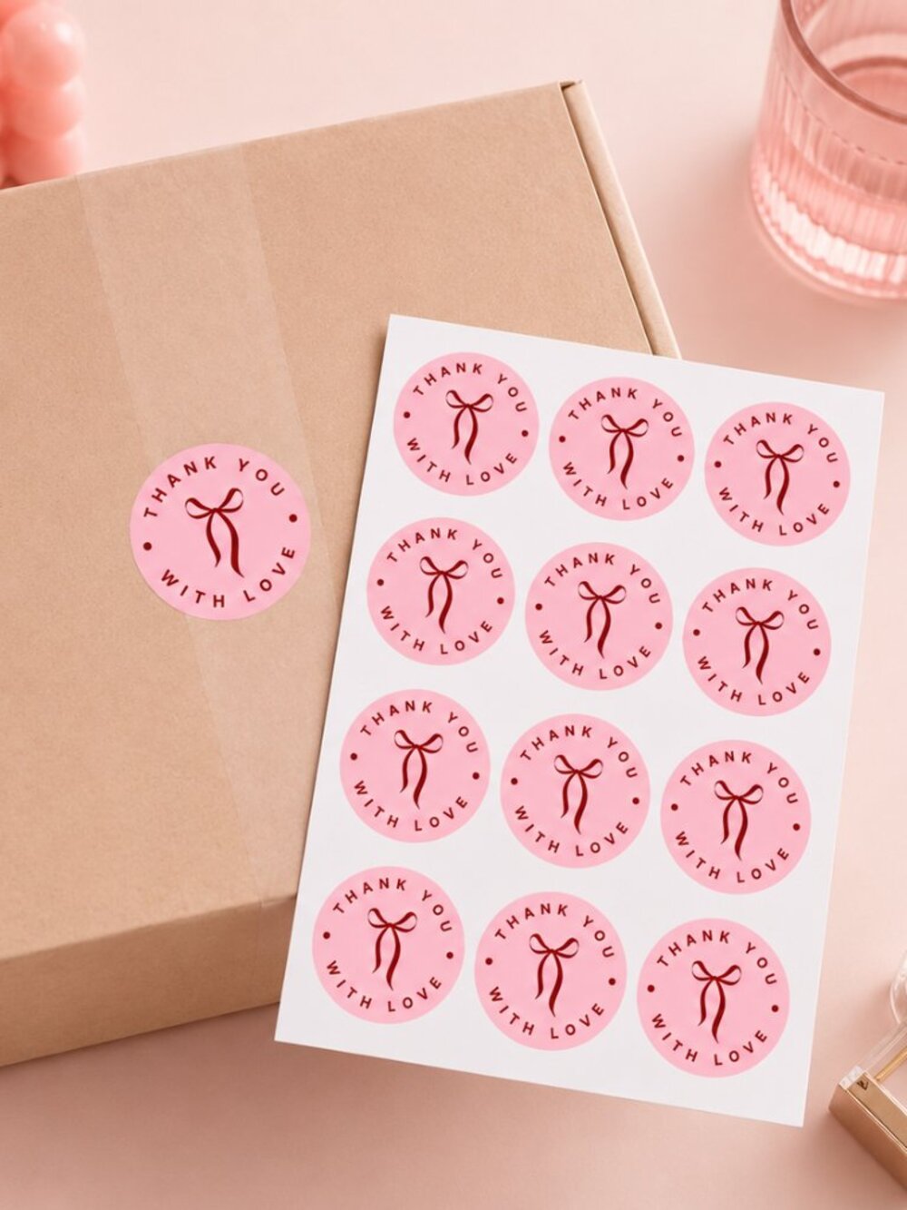 PINK THANK YOU STICKERS 2" MATTE STICKER SHEETS, BUSINESS SUPPLIES